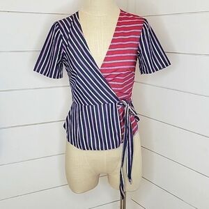 BCBGeneration xxs red blue white stripe wrap blouse